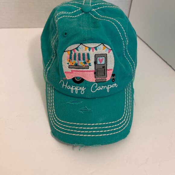 KBETHOS Vintage “Happy Camper” Distressed Baseball Cap | Teal Embroidered - Picture 1 of 3